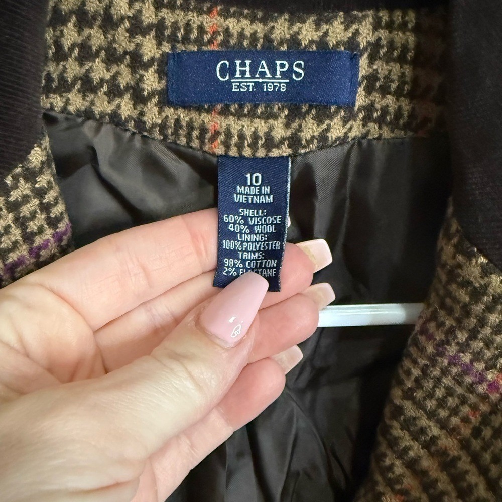 Chaps Women's Plaid Wool Blend Blazer Size 10 Brown Corduroy Collar Jacket - Picture 2 of 6